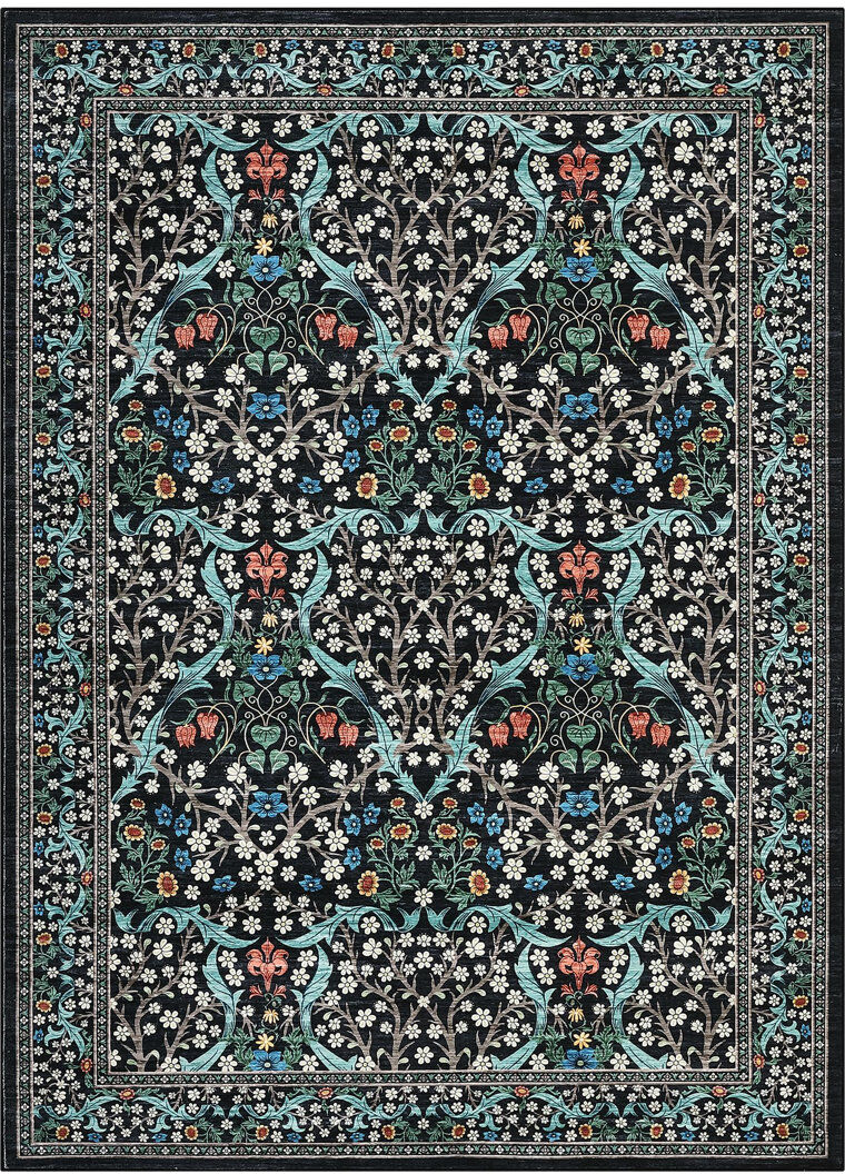 Astoria Grand Rectangle Floral Area Rug Black 240*340cm