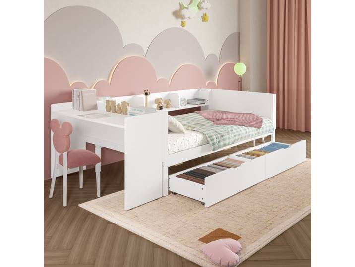 Lit simple avec bureau étagères et 2 tiroirs blanc