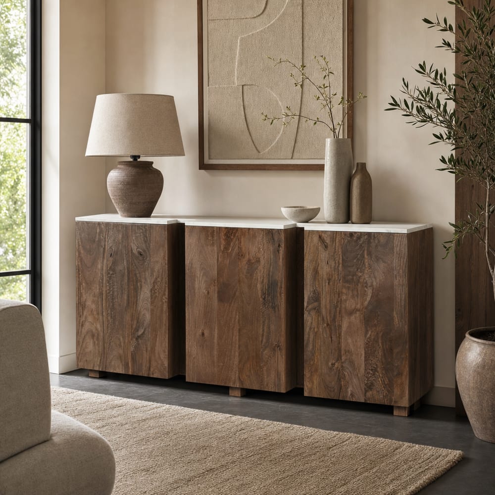 NIYLO Buffet en manguier et marbre marron 162x47x76 cm Marron 47x76x163cm