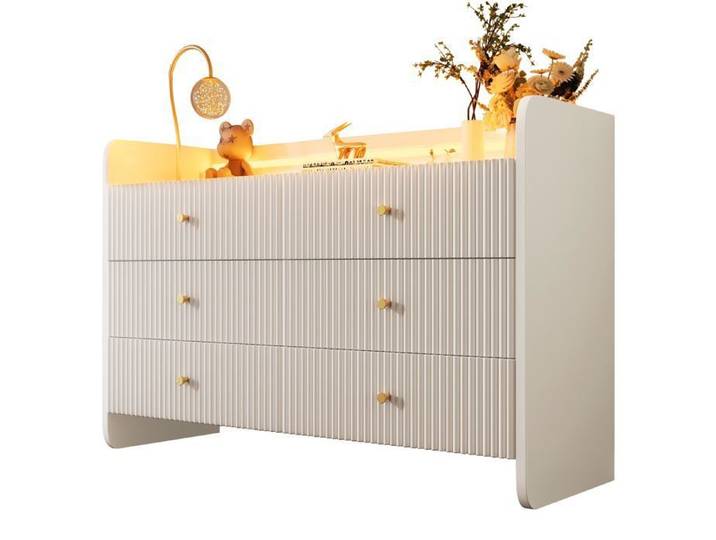 Buffet Commode avec éclairage LED et 6 Tiroirs Design à Rainure Ondulée Moderne Meubles de Rangement 120x40x75cm blanc