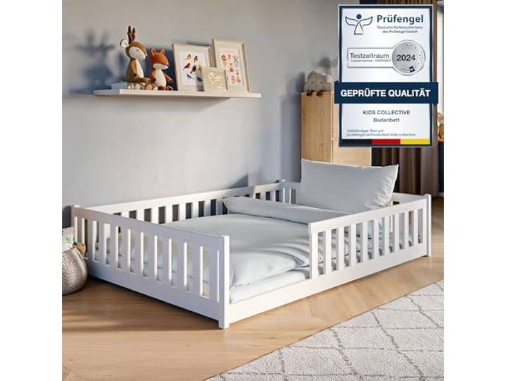 Kids Collective Montessori-Bodenbett 140x200 cm, Weiß, Rausfallschutz Lattenrost inklusive, Matratze optional, massives Kiefernholz, für Kinder und Jugendliche