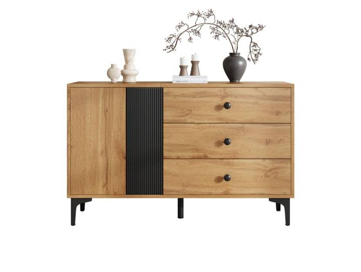 Buffet moderne - 120x35x76 cm - Noir et Naturel - Panneau de particules - Grain de bois contrasté