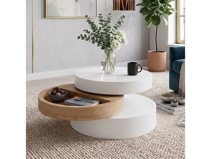 Table Basse Pivotante 360° 60x60cm Grand Rangement Design Soigné Rond Bois & Blanc Table de Salon Modulable - Blanc/Bois