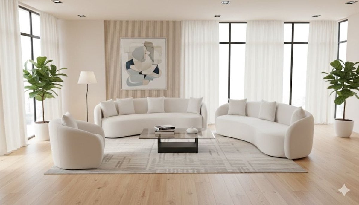 Moderne Organisch Gevormde Bankenset in Witte Bouclé met 2x 3-Zits Banken en 2x Fauteuils