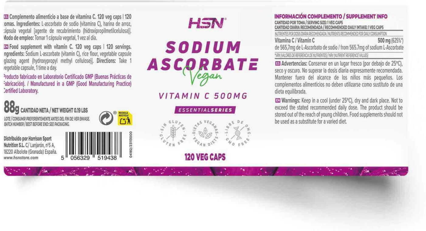 HSN Ascorbato de sódio (500mg vitamina C) - 120 veg caps - Antioxidantes - Cápsulas Vegetales - 120 Serviços