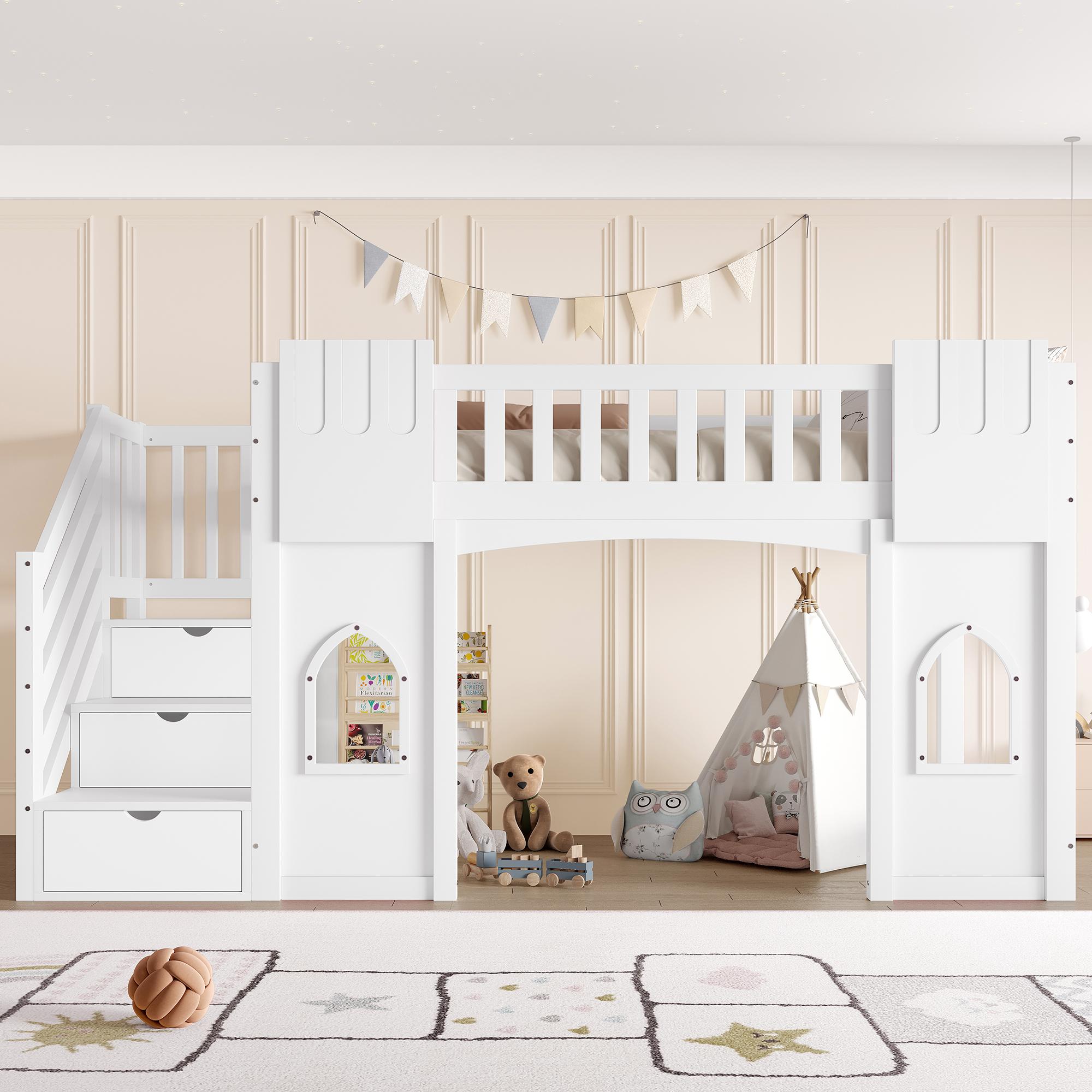 Flieks Etagenbett 90x200cm mit Stauraumtreppe, Kinderbett Hausbett mit Fenster, Hochbett Holzbett Einzelbett mit Rausfallschutz, Weiß