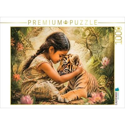 CALVENDO Puzzle Vertrauen im Dschungel. Indisches Mädchen & Tigerjunges | 1000 Teile Lege-Größe 64x48cm Foto-Puzzle für glückliche Stunden