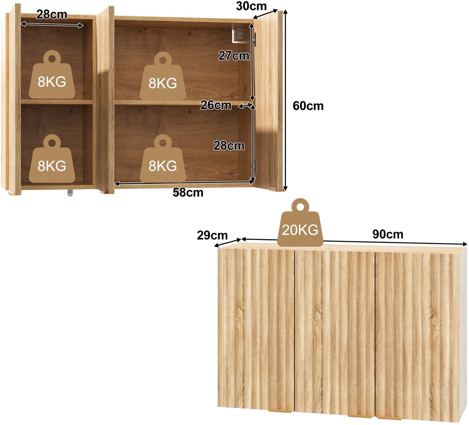 CHICFURN Keukenkast met 3 deuren - Wandmontage - Natural