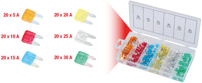 Assortiment de mini-fusibles, 5-30A, 120 pcs. ; KS Tools (970.0280)