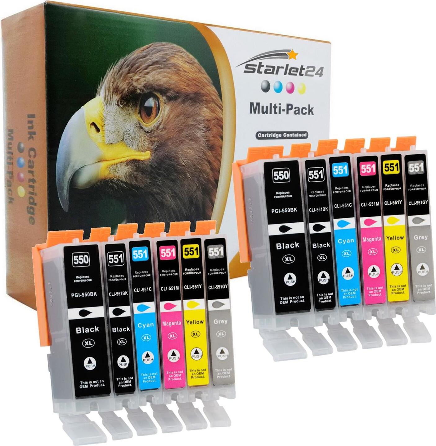 Set van 12 printerpatronen compatibel met Canon PGI-550 CLI-551 voor Canon PIXMA iP-7200, iP-7250, MG-5550, iX-6850 series - Starlet24