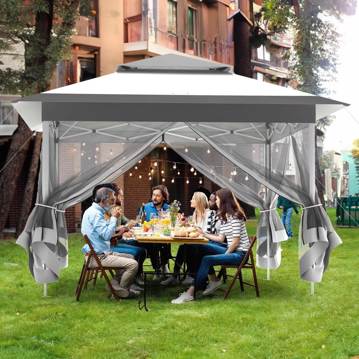Faltpavillon 3,3x3,3 m - Wasserdicht UV Schutz Gartenpavillon mit Moskitonetzen & Doppeldach - Höhenverstellbar Grau