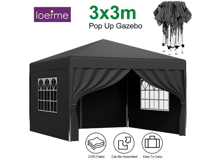 LOEFME Tonnelle Pop-Up 3x3M Portable pour Extérieur, Abri Imperméable et Coupe-Vent, Auvent Pare-Soleil, Tente de Camping à 4 Côtés en Tissu pour Jardin