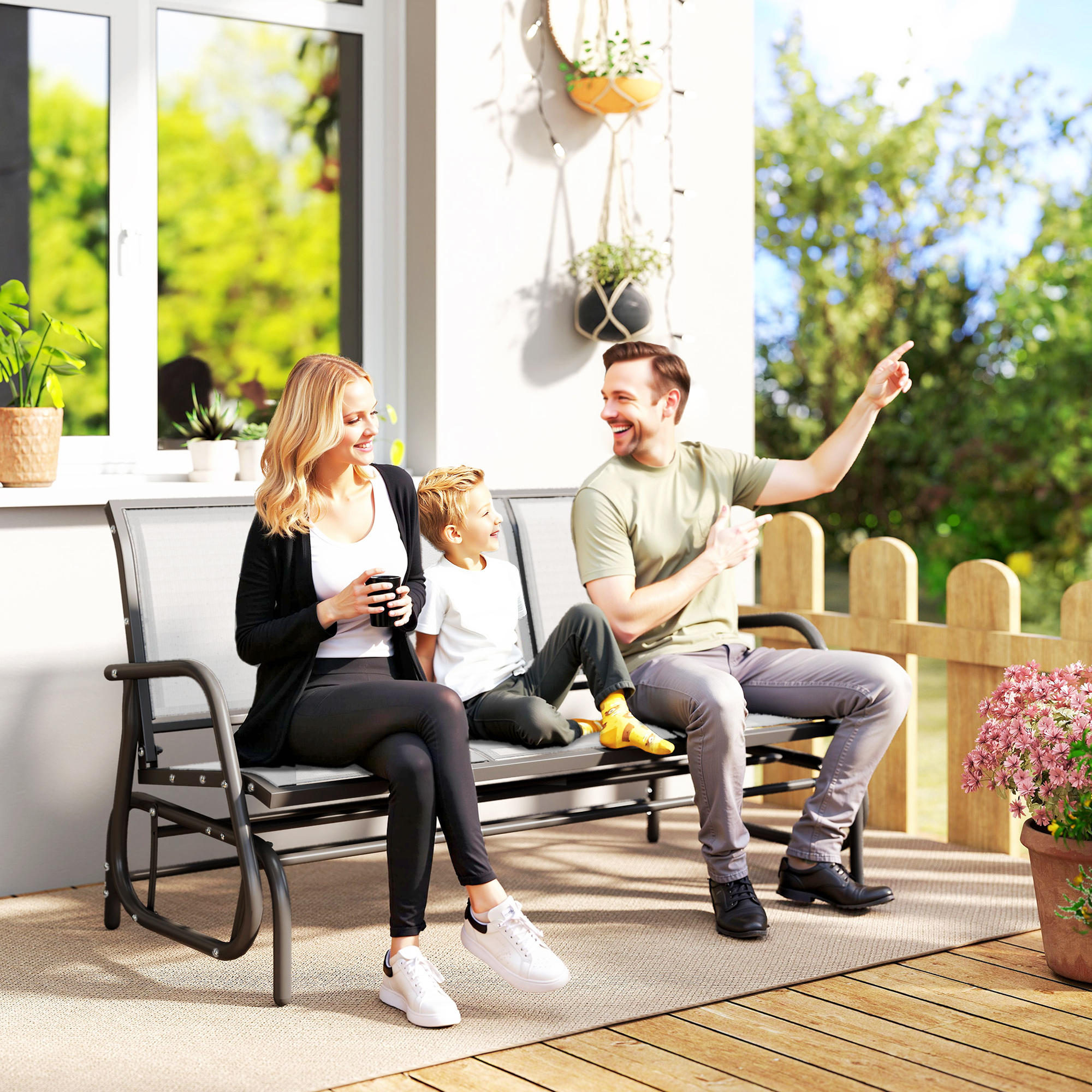 Outsunny Panchina a Dondolo 3 Posti per Giardino, Metallo e Tessuto Traspirante, Comoda Seduta, 151x75x85cm - Beige Aosom