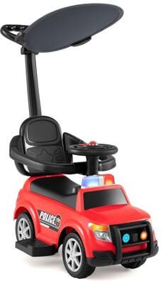 Costway 3-in-1 Toddler Push Car with Handle and Canopy Sliding Police Car with Siren-Red