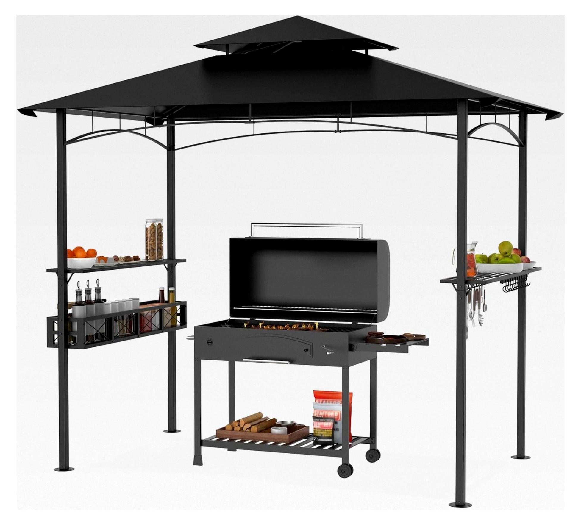 Grillpavillon mit Doppelschichtdach, 245 x 153 x 250 cm, wasserabweisend und flammhemmend, inkl. Stauraumkorb, Überdachung für Grillpartys im Garten und auf der Terrasse, Schwarz