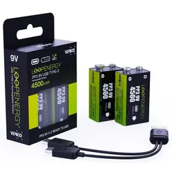VERICO USB-Akkus mit Ladekabel LoopEnergy PP3 9V Li-Ion E-Block 500 mAh, 2 St.
