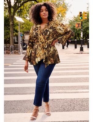 Plus Size Women's Wrap Peplum Top by Avenue in Neutral Brushed Animal (Size 16)