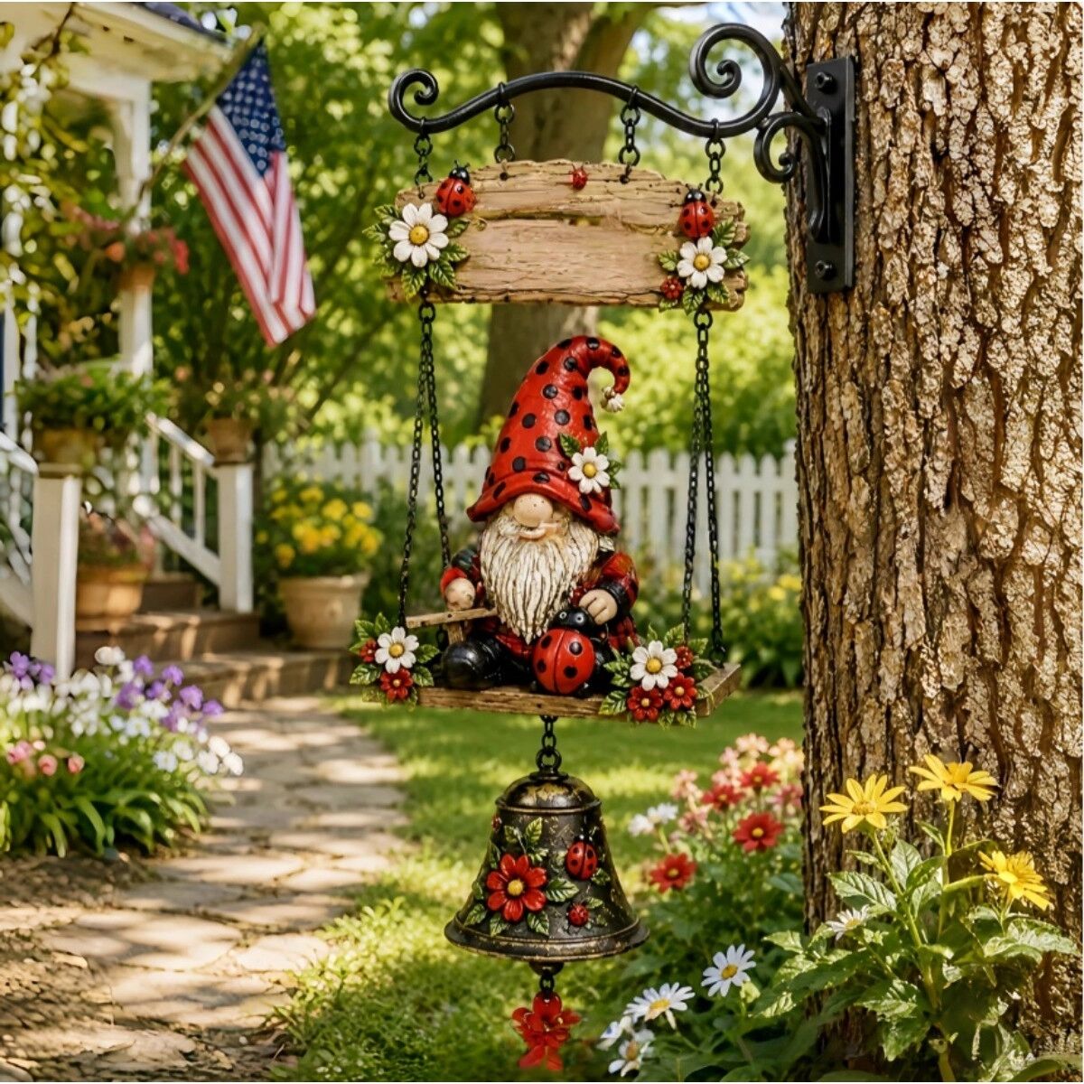 INF Cloche Gnome de Bienvenue à Suspendre pour Porche et Jardin - Alliage de Zinc, Motif Floral, 24cm x 18cm x 3cm