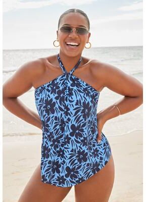 Plus Size Women's Lightweight Halter Tankini Top by Swimsuits For All in Navy Regatta Floral (Size 32)