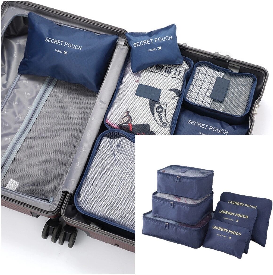 INF Reise-Packwürfel 6-teilig — Leichte, wasserfeste Polyester-Packwürfel für Kleidung, Toilettenartikel und Schuhe Navy blau