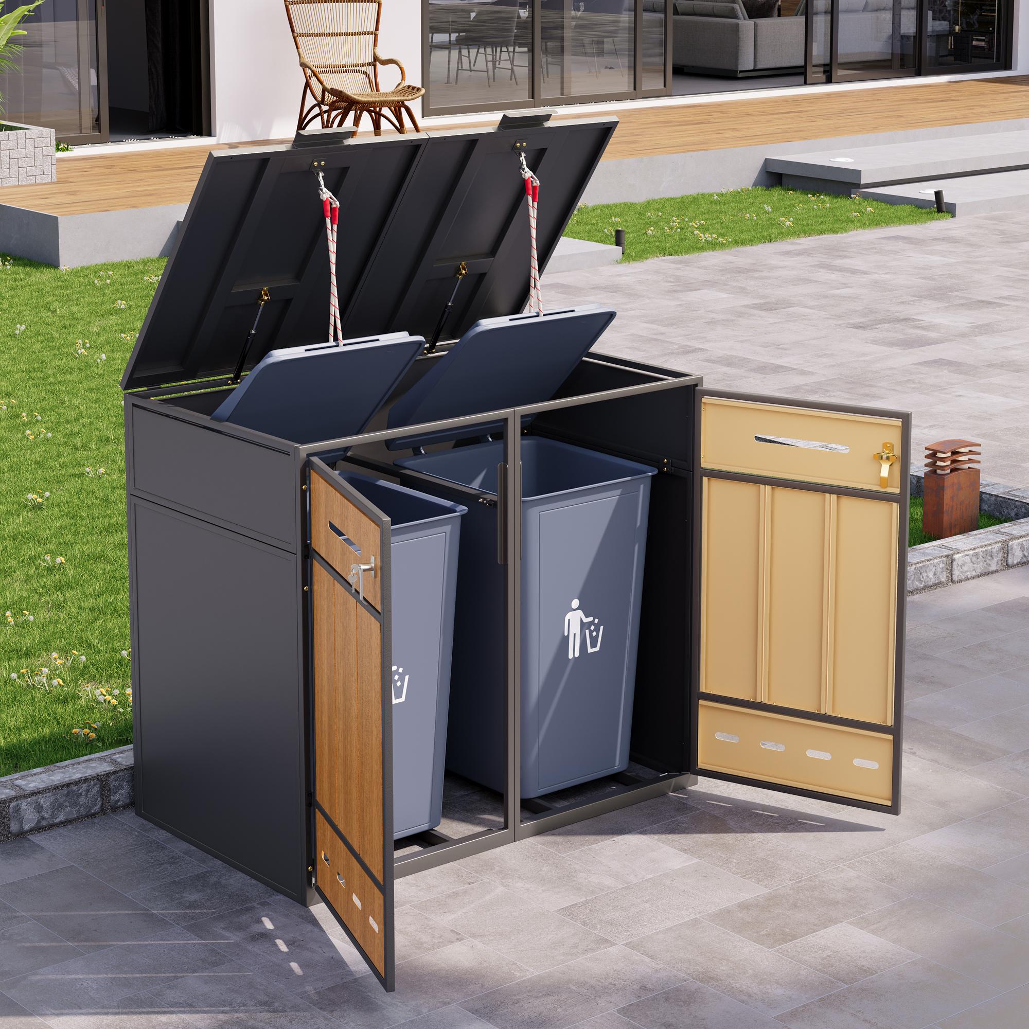 MODFU Mülltonnenschrank Abfalltrennung - 2 Fächer Mit Klappdeckel - Fronttüren mit Holzoptik Für Terrasse und Garten - Grau+Holz