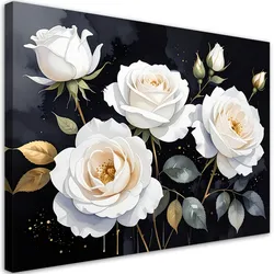 WANDBILD, Weiße Rosen Blumen auf schwarzem Hintergrund