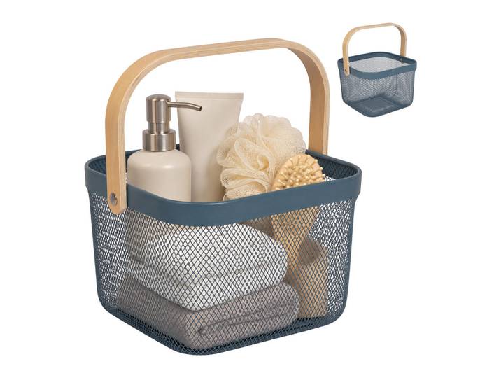 Relaxdays Drahtkorb Dunkelblau 2er-Set, Metall, Holz, 26x17.5x24.5 cm, Ordnen & Aufbewahren, Deko- & Aufbewahrungsboxen