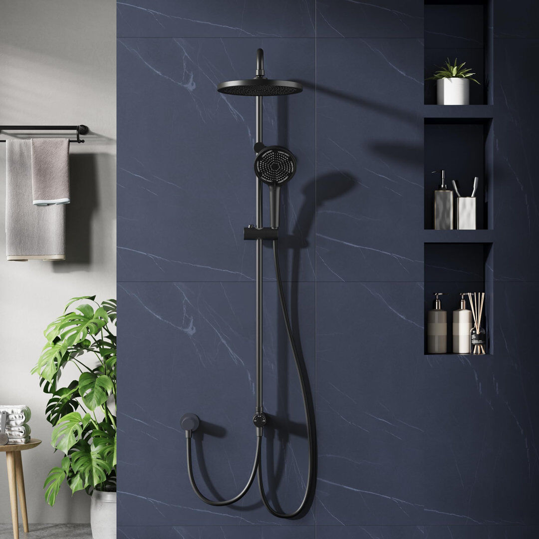 Marlow Home Co. Complete Shower Kit – 25 cm Rainfall Shower Head, Height-Adjustable Rail & 3-Mode Handheld, No-Drill Mounting, 1.5 m Hose, Chrome Shower Faucet Set fo Matte Black 25cm W