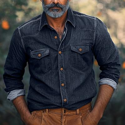 Herren Hemd Chambray-Hemd Calico-Hemd Lässiges Hemd Knopfhemd Jeanshemd Schwarz Marineblau Blau Leicht Blau Langarm Glatt Kragen Urlaub Täglich Bekleidung Modisch Brautkleider schlicht