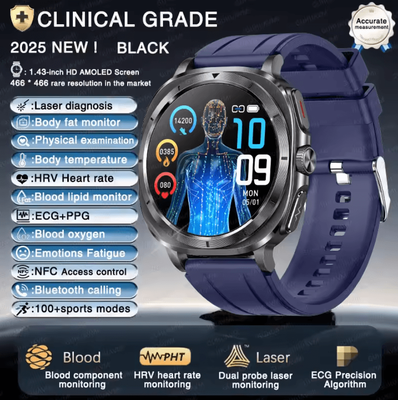 Inspire Curations AI Laser Health Smartwatch With ECG PPG, Uric Acid & Blood Lipid Analysis blue