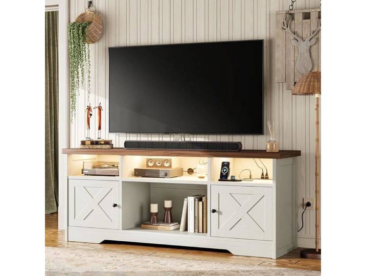 Blanc Meuble TV Meuble Tele avec Prises USB et LED - Rectangulaire
