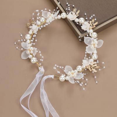 Modern Mode Marketplace Pearl Boho Flower Crown Headband For Girls & Women Elegant Floral Tiara Hair Accessory white