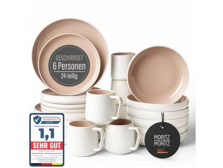 Moritz & Moritz Steingut Geschirrset 6 Personen mit Tassen 24-tlg. - Modernes Tafelservice in der Farbe Almond - Pflegeleichtes Kombiservice mit Teller Set, Schüsseln & Tassen - Serie Cavo