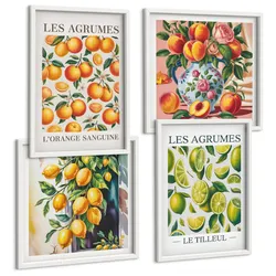 BILDER SET 4er Set - 50x50 cm & 40x60 cm Weißer Rahmen - Frische, farbenfrohe Zitrusfrüchte