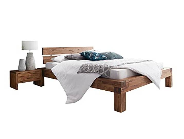 SAM Balkenbett 200x200 cm Alias, Holzbett aus Akazienholz Natur-Holzbett mit geteiltem & angewinkeltem Kopfteil, jedes Bett EIN Unikat