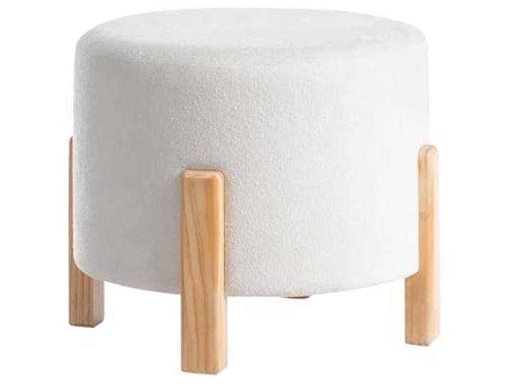 Pouf Chenille Stoffbezug creme weiß gepolstert rund auf Holzbeinen Terry