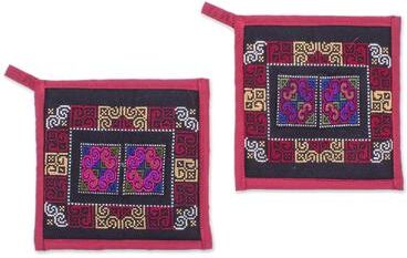 Novica Handmade Hmong Cooking In Burgundy Cotton Blend Trivets (Pair)