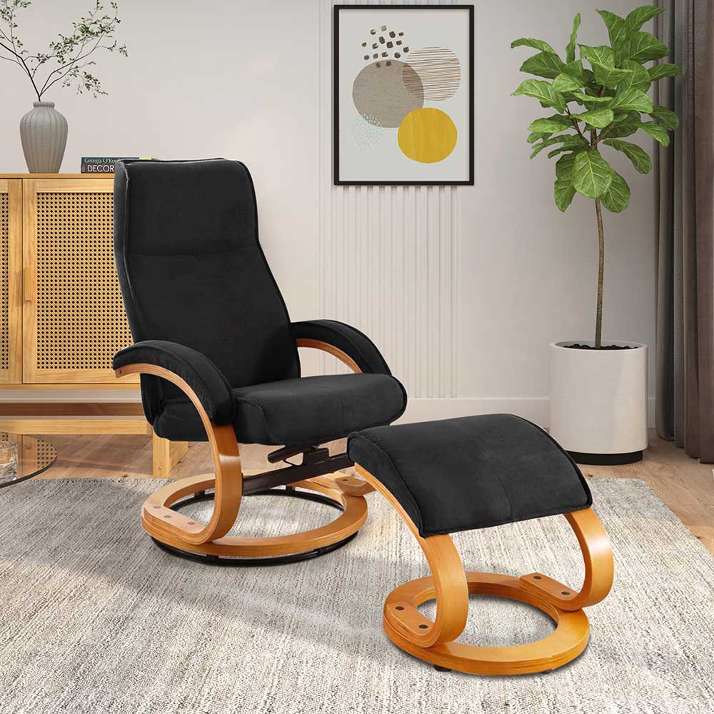 Pharao24.de Drehbarer Design Sessel in Schwarz Microfaser Fußhocker (zweiteilig)