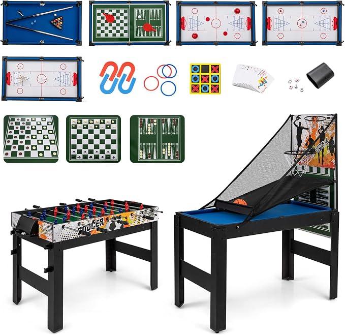 14 in 1 Spieltisch Set, Tischspiel multifunktional mit Tischfußball Hockey, Billard, Tischtennis, Bowling, Shuffleboard, Schach, Dame & Backgammon, Kombi-Tisch für Kinder Erwachsene