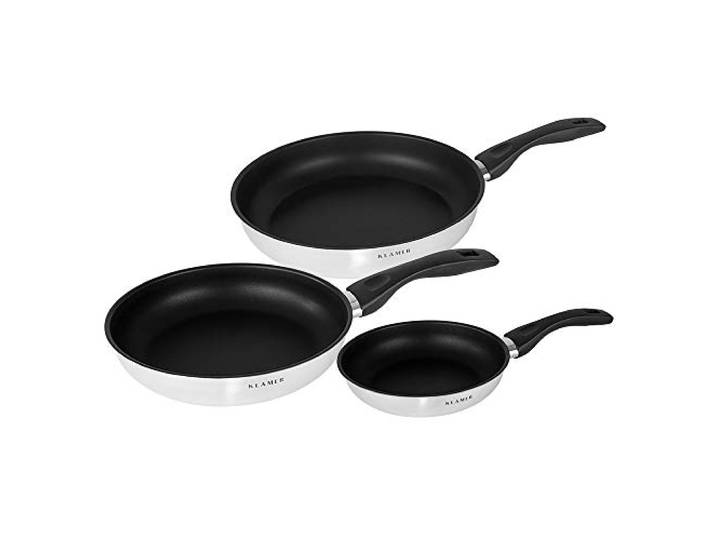 KLAMER 3-teiliges Pfannenset Induktion mit 20, 24 und 28 cm aus Edelstahl Die Greblon C3+ Antihaftbeschichtung ermöglicht fettarmes Braten, PFOA-frei und spülmaschinengeeignet, ergonomischer Griff