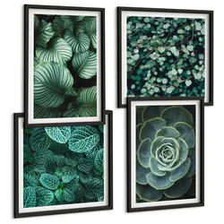 BILDER SET 4er Set - 50x50 cm & 40x60 cm Schwarzer Rahmen - Grüne, saftige Blätter