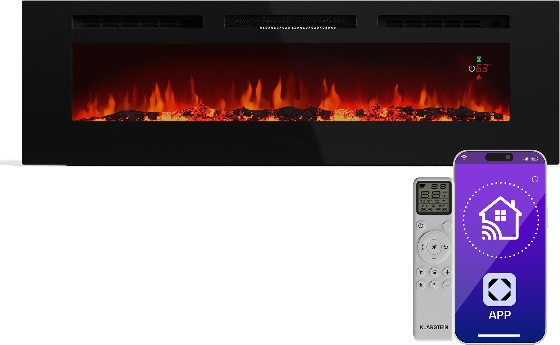 Klarstein Galeras Smart Elektrokamin - 1800 W Heizleistung, Realistische LED-Flammen, App & Fernbedienung, Einstellbare Farben & Helligkeit, Überhitzungsschutz, Wandkamin