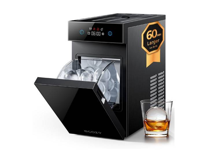 eCozy Eiswürfelmaschine für klare Eiskugeln Ø 60 mm, extragroß, kristallklar, Selbstreinigung, 8h Startzeitvorwahl, LED-Touchdisplay