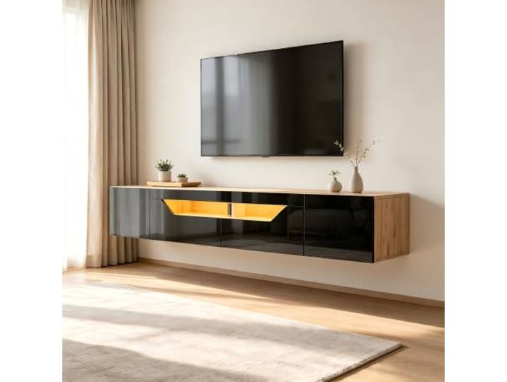 VILUXE TV Lowboard 180 cm Hängend mit LED Schwarz Natur Hängendes TV-Lowboard mit LED, 3 Staubereichen und Hochglanzfront, Wohnzimmer, moderne Medienbereiche
