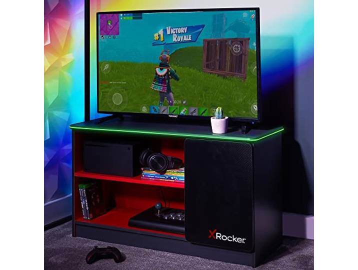 X-Rocker Carbon-Tek LED-TV-Einheit mit 4 Ablagen, modern, glänzend, matt, MDF, Wohnzimmerschrank, Media-Ständer, Möbel mit anpassbarer LED-Beleuchtung für Ambientebeleuchtung, 42 Zoll TV-unterstützt,