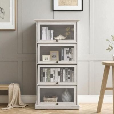 Fundinbaths 4-Tier Glass Display Cabinet with Flip-Up Doors, Curio Storage Showcase and Bookcase Organizer