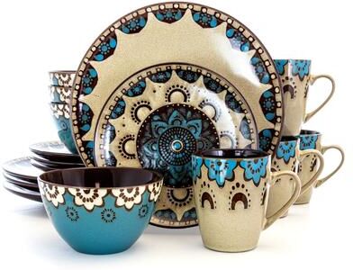 Elama Clay Hart 16 Piece Stoneware Dinnerware Set in Tan and Blue