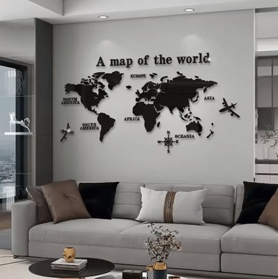 Inspire Curations 3D Acrylic World Map Mirror Wall Decor black Map m 1.2x0.6m