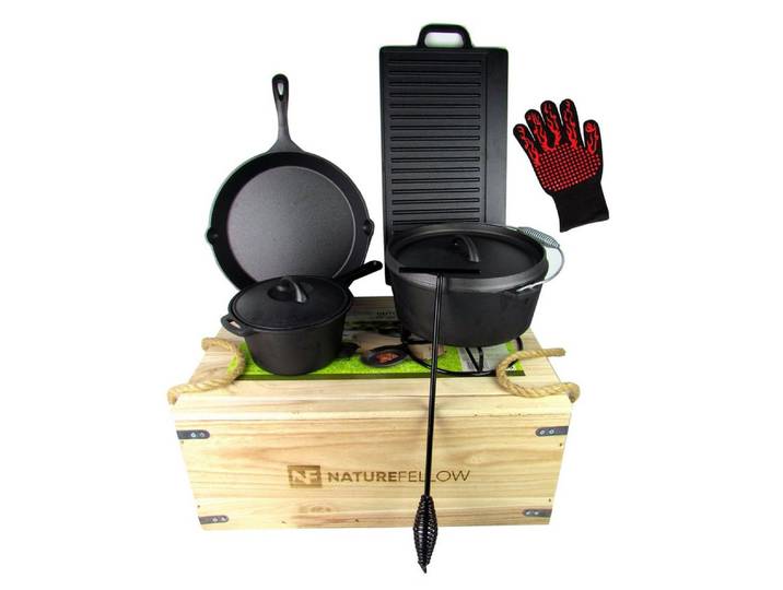 Haushalt International Holzkohlegrill 10-teiliges Dutch-Oven-Set, – viel Zubehör – inkl. Grillhandschuh, – Gusseisen – bereits eingebrannt