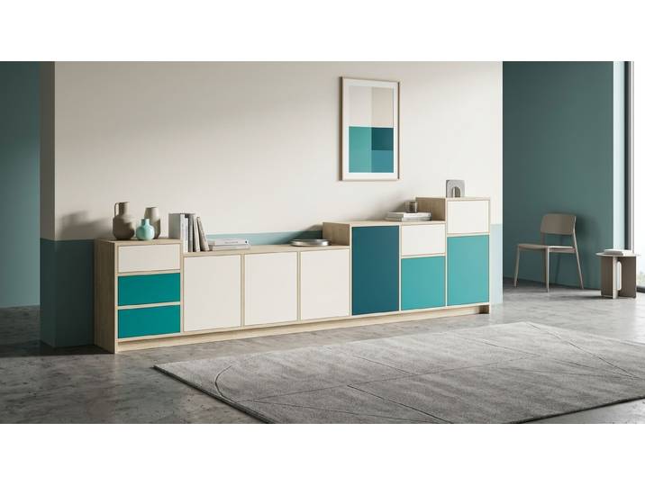 Commode moderne avec portes colorées sur mesure Chêne Blanc huilé